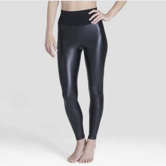 ASSETS by SPANX Faux Leather Shaping Leggings M Very Black Skinny Womens New - Picture 1 of 9